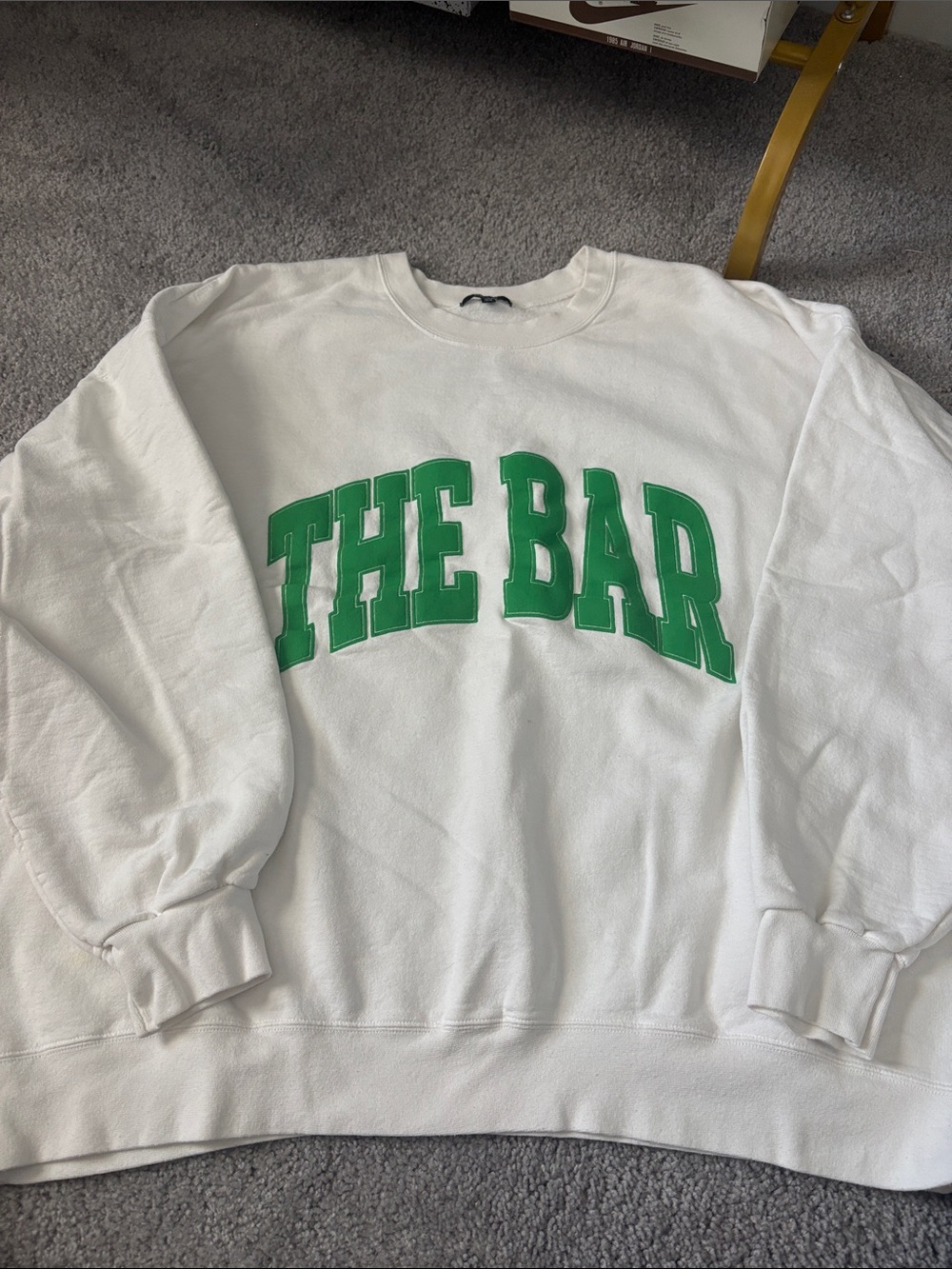 The Bar White Crewneck Sweatshirt with Green Arch Logo